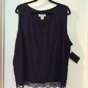 Bob Mackie saphire sleeveless top, 26w lace, rayon,nylon